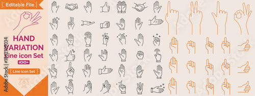 Hand line icons set. Set outline icons including handshake, fingers, thumb up, ok, support, like, point, touch, pray and more. Vector illustration.