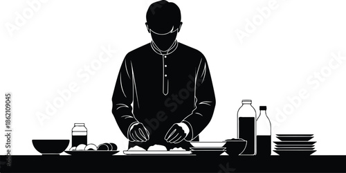 Silhouette of a Muslim man preparing food for Iftar or Suhoor on a table isolated on white background
