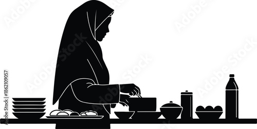 Silhouette of a Muslim woman preparing food for Iftar or Suhoor in the kitchen isolated on white background