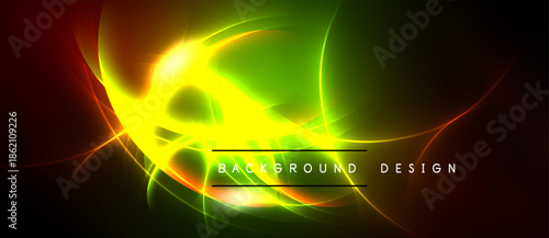 Bright abstract energy flows, vibrant colors blend. Dynamic design creates luminous visual impact. Dark background emphasizes glowing elements.