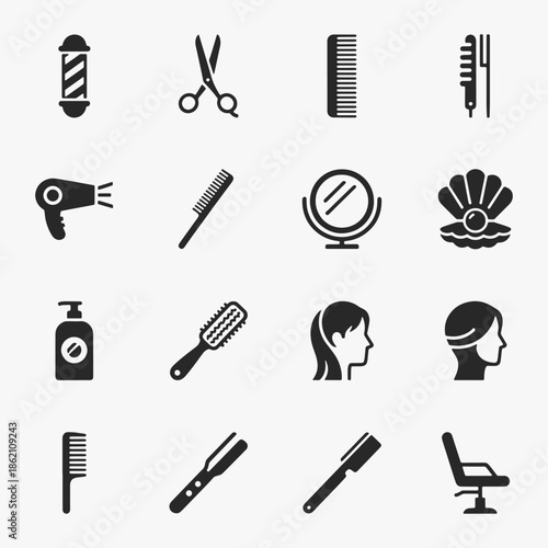 A collection of flat icons for hair care and grooming focuses on simplicity, elegance, and ease of recognition.