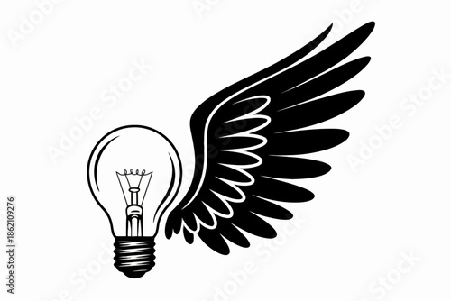 Illuminated Light Bulb with Angel Wings Symbolizing Inspiration