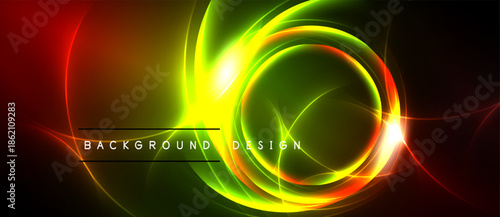 Vibrant neon swirls dominate dark background. Concentric circles radiate energy, creating dynamic visual effect. Text reads background design.