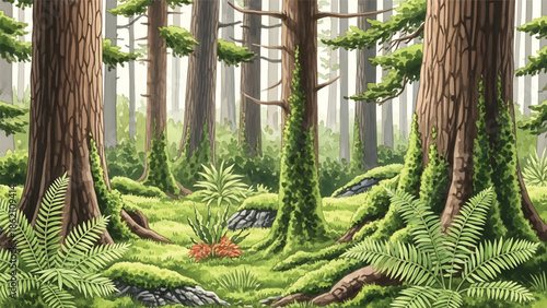 Modern vector watercolor-style seamless forest wallpaper with tall trees, ferns, and moss, lush botanical nature background ideal for wallpaper and fabric applications