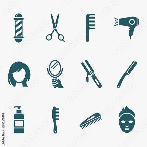A collection of flat icons for hair care and grooming focuses on simplicity, elegance, and ease of recognition.