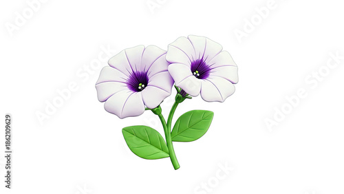 Two Lavender Petunia Flowers with Purple Centers and Green Leaves