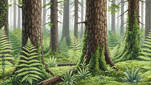 Modern vector watercolor-style seamless forest wallpaper with tall trees, ferns, and moss, lush botanical nature background ideal for wallpaper and fabric applications