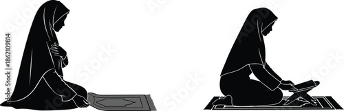 Muslim women silhouettes praying on mat and reading Quran isolated on white background