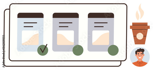 Three document-thumbs up cards, one marked with a green check, indicating selection. Coffee cup and a smiling user avatar on the side. Ideal for workflow, approval, planning, organization