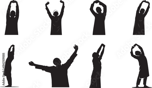 Set of male silhouettes in various active poses and prayer gestures isolated on white background