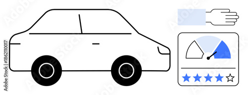 Car evaluation concept. Car with a speedometer and star rating. s car evaluation, performance assessment, and customer satisfaction. For automotive, reviews, efficiency, ratings consumer feedback