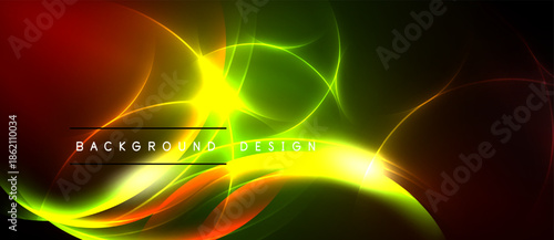 Vibrant abstract design. Swirling lines, bright colors create dynamic visual effect. Yellow, green, red hues dominate composition.