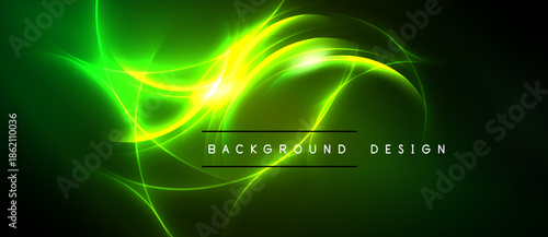 Abstract green energy lines, vibrant glow. Dynamic curves create futuristic visual impact. Dark background emphasizes luminosity.