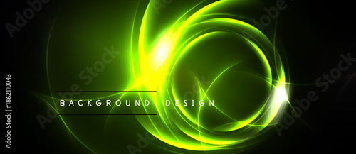Abstract green energy swirls, luminous circles, dark background. Modern design element, vibrant glow, dynamic composition.