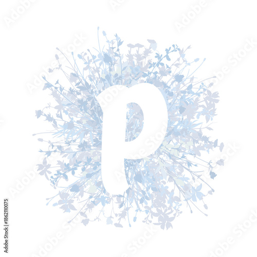 Easter, spring family floral monogram in pastel colors. White letter P on white background