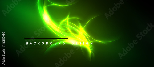 Bright green energy flows, creating dynamic abstract design. Dark background emphasizes luminous curves, text reads background design.