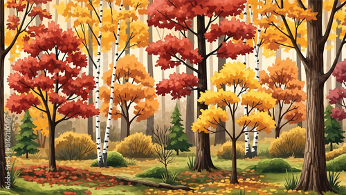 Modern vector watercolor-style forest wallpaper with autumn trees and fallen leaves, warm seasonal nature background for wallpaper, textiles, and decorative surfaces