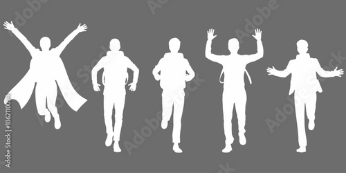 White Silhouettes of Active People, Travelers, and Superheroes on Grey Background for Concept of Freedom
