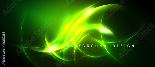 Bright green energy flows, curves, swirls against black backdrop. Modern abstract design evokes motion, light, power.