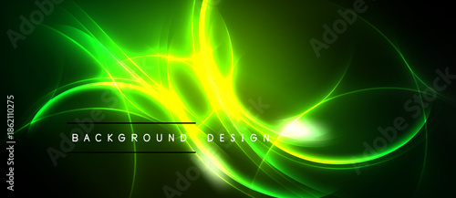 Bright green energy flows, abstract curves, dark background. Modern design element, vibrant illumination, dynamic composition.