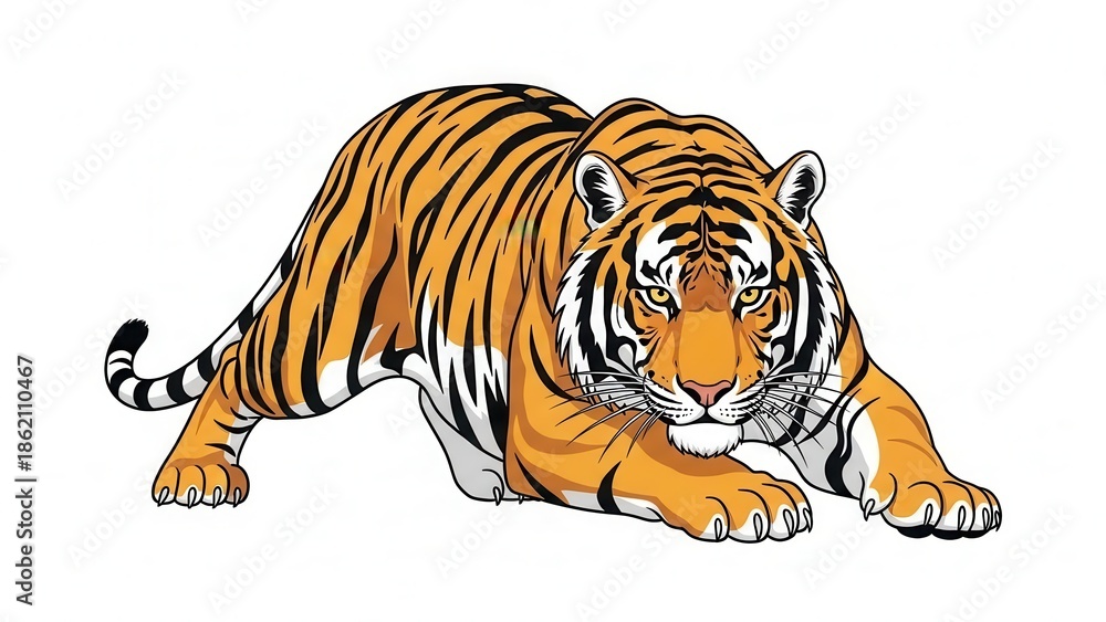 Obraz premium Illustration of a crouching tiger with bold stripes.
