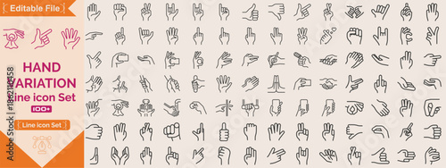 Hand line icons set. Set outline icons including handshake, fingers, thumb up, ok, support, like, point, touch, pray and more. Vector illustration.
