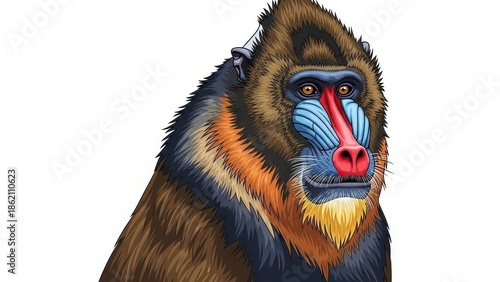 Colorful mandrill illustration with vibrant facial features.