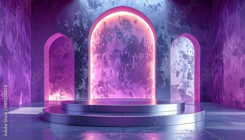 A frosted glass podium illuminated by soft diffused lighting in a serene white and light blue setting