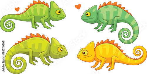 Cute cartoon chameleon character set in green and orange colors with heart accents and curled tails isolated on white background vector illustration.
