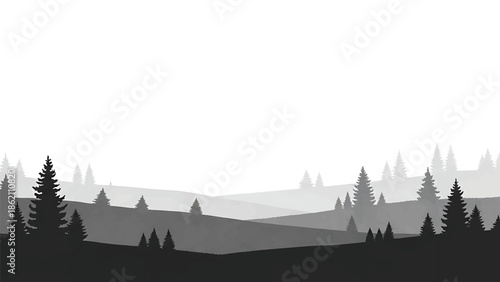 Modern vector watercolor-style nature wallpaper with minimal forest silhouettes and rolling hills, clean modern landscape background for interiors and surface design