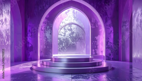 A majestic purple archway frames a serene garden scene visible through a misty glass window in an elegant interior setting