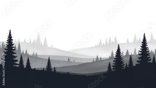 Modern vector watercolor-style nature wallpaper with minimal forest silhouettes and rolling hills, clean modern landscape background for interiors and surface design