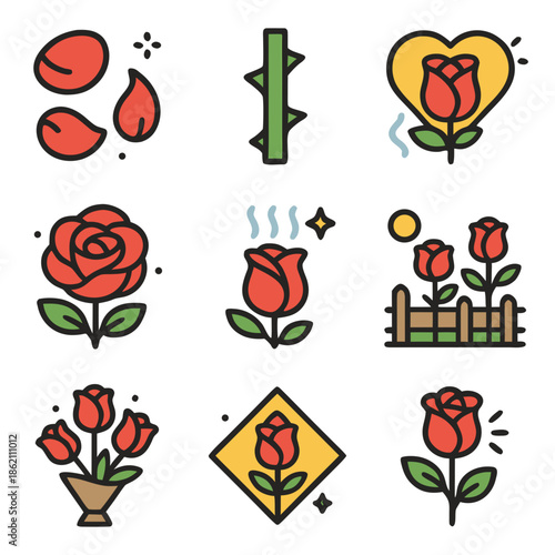 Rose icons and floral elements for elegant designs, suitable for branding, invitations, and romanticthemed projects needing a touch of sophistication.