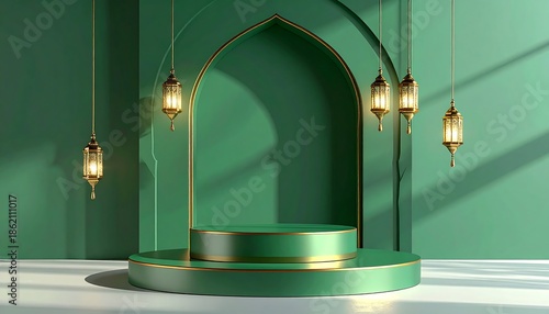 A serene green archway with hanging lanterns and a central podium in a tranquil setting