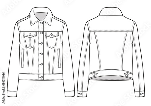 Female denim jacket design technical flat sketch vector mockup template.