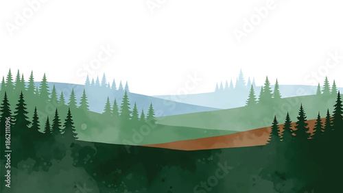 Modern vector watercolor-style nature wallpaper with minimal forest silhouettes and rolling hills, clean modern landscape background for interiors and surface design