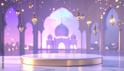 A serene mosque scene at dusk with hanging lanterns and a round podium in the foreground