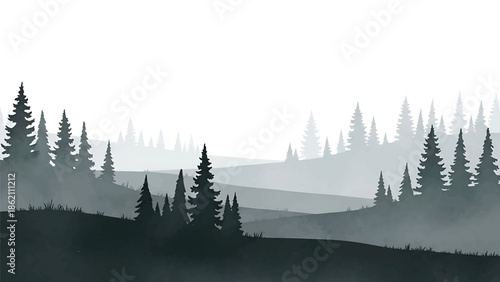 Modern vector watercolor-style nature wallpaper with minimal forest silhouettes and rolling hills, clean modern landscape background for interiors and surface design