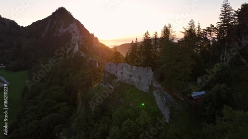 Aerial view of the ruins of the Vrsatec castle in Slovakia