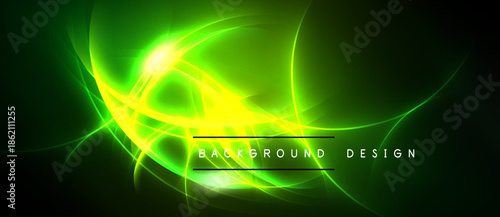 Bright green energy flows, curves radiate from central point. Dark background emphasizes luminous design elements. Modern abstract composition.