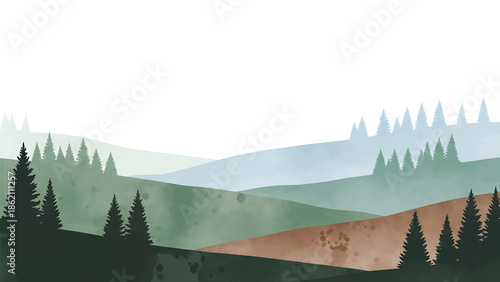 Modern vector watercolor-style nature wallpaper with minimal forest silhouettes and rolling hills, clean modern landscape background for interiors and surface design
