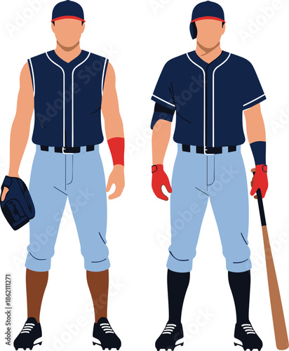 Baseball player uniform illustration with batter and fielder characters, professional sports team outfit design, athletic vector artwork