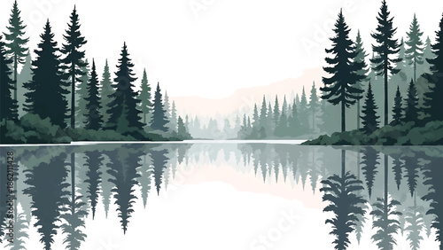 Modern vector watercolor-style forest wallpaper with pine trees reflected in calm lake, peaceful nature scenery background for wallpaper and interior decoration