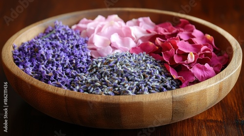Wooden bowl holds vibrant, assorted floral arrangements. Various colors and textures offer visual appeal