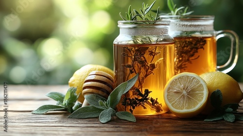 Herbal tea with lemon and honey, garnished with herbs, set on rustic wood