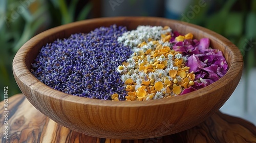 Wooden bowl filled with dried purple lavender, white flowers, yellow herbs, and pink rose petals