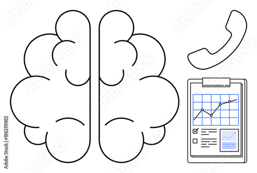 Data analysis, cognitive development, communication, strategic planning, mental processes, decision-making. Outline of a brain, a phone symbol and a clipboard with a graph. Data analysis