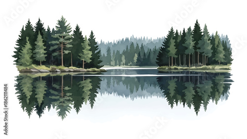 Modern vector watercolor-style forest wallpaper with pine trees reflected in calm lake, peaceful nature scenery background for wallpaper and interior decoration