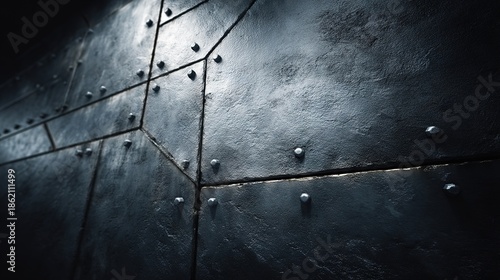 Angled view of dark gunmetal metallic wall with riveted plates and detailed grunge texture creating a strong industrial background for engineering or military themes.