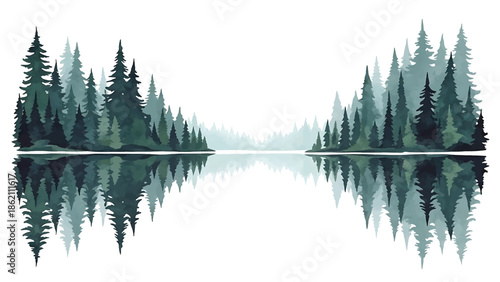 Modern vector watercolor-style forest wallpaper with pine trees reflected in calm lake, peaceful nature scenery background for wallpaper and interior decoration